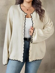 SHEIN CURVE+ Cardigan Rajut Wanita Ukuran Plus dengan Blok Warna dan Hem Melengkung - Aprikot - View 8