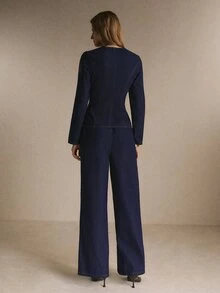 SHEIN BAE 女款修身牛仔西裝外套與長褲套裝，鈕扣前襟、翻蓋口袋，優雅通勤辦公風 - 深色水洗藍 - 查看 2
