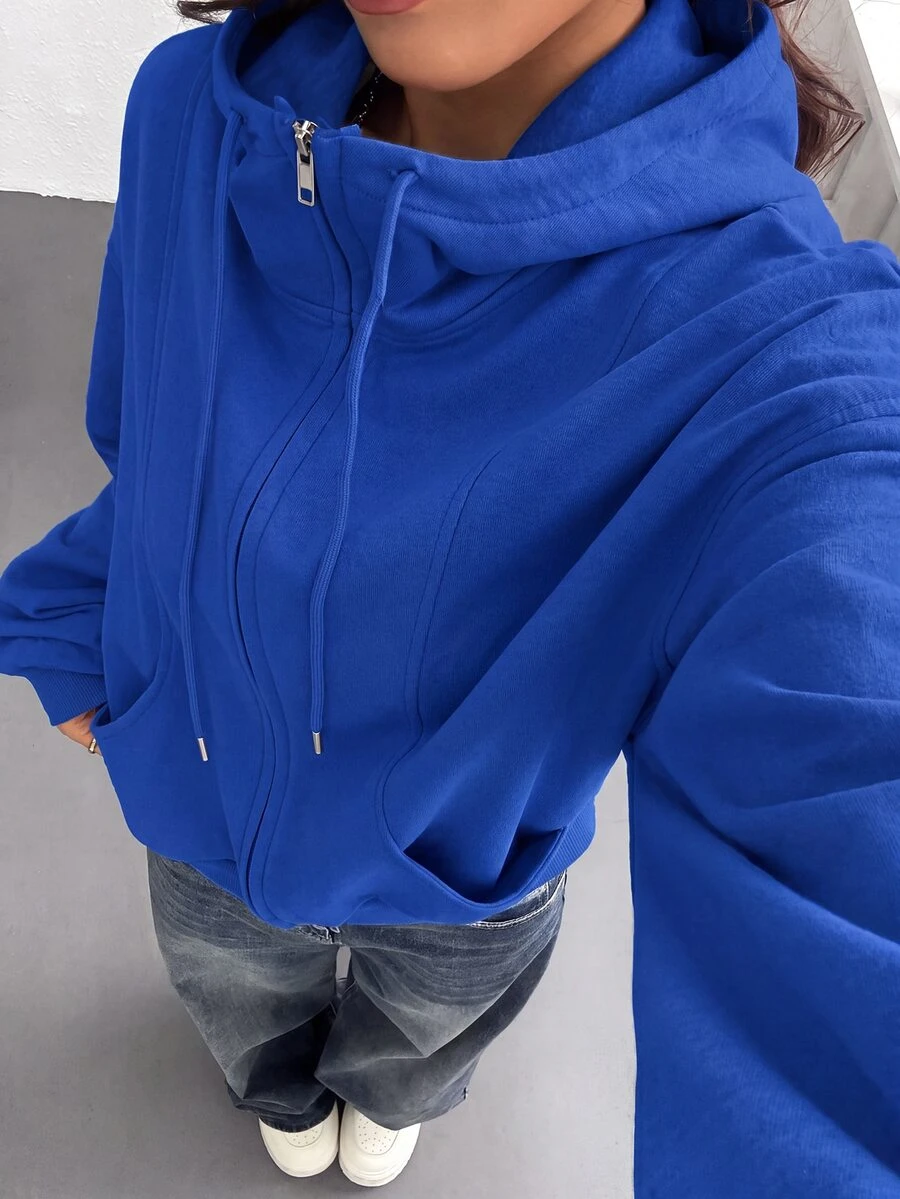 SHEIN EZwear 女款前拉鍊長袖口袋連帽衫， - 寶藍色 - 查看 1