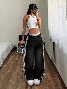 SHEIN PETITE 女款側邊條紋圖案口袋時尚百搭寬腿牛仔褲 - 灰色 - 查看 7
