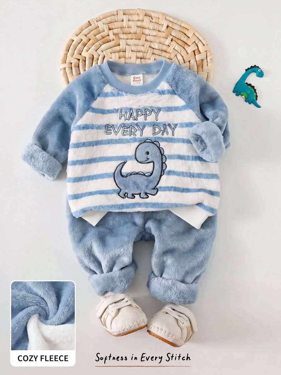 Cozy Pixies Boys Baby Cartoon Embroidery Raglan Sleeve Pullover Sweatshirt & Pants - Blue - View 1