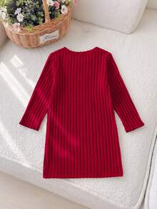 SHEIN Vintaside Kids Young Girl) Red Casual Textured Dress Suitable For Party And Outdoor Occasions Autumn/Winter Wear - Multicolor - View 2