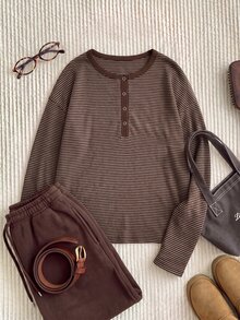 Comfortcana Plus Size Women Autumn Winter Clothing Round Neck Half Button Long Sleeve T-Shirt - Brown - View 7