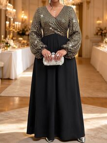 Fleurora Plus Size V-Neck Long Sleeve Ruched High Waist A-Line Dress - Multicolor - View 1