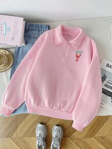 SHEIN 少女女孩秋冬休閒度假風粉色字母龍蝦圖案圓領套頭寬鬆抓絨運動衫 - 紅色 - 查看 2