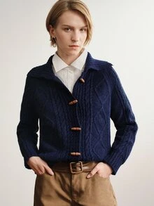 Briarwyn Autumn/Winter New Long Sleeve Turn-Down Collar Horseshoe Button Cardigan Sweater, Versatile Commuter Style, Youthful - Navy Blue - View 5