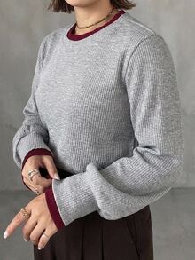 Dazy Plus Colorblock Patchwork Cuff Loose Casual Baggy Pullover Long Sleeve T-Shirt Homewear Vacation Grey - Grey - View 1