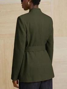 Aveloria Modichic Small Stand Collar Tweed Single-Breasted Metal Button Decor Belted Utility Jacket - Green - View 2
