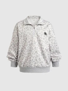 SHEIN 青少年女孩半拉鍊寬鬆運動衫，豹紋印花，街頭風，適合日常通勤 - 灰色 - 查看 3