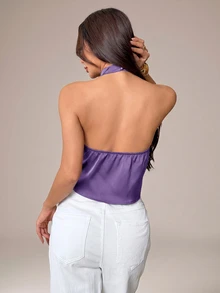 SHEIN PETITE 女款性感露背掛脖上衣，優雅適合派對、通勤與度假，夏季穿著 - 紫色 - 查看 3