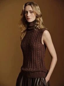 Anewsta Essential Rompi Rajut Kabel Leher Tinggi Tanpa Lengan dengan Hiasan Rantai Gaya Retro Slim Fit Tank Top Rajut - Coffee Brown - View 4