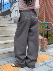 DAZY Solid Color Loose Rhinestone Thermal Lined Thick Elastic Waist Casual Street Style Korean Autumn/Winter Wide Leg Pants For Women - Grey - View 8