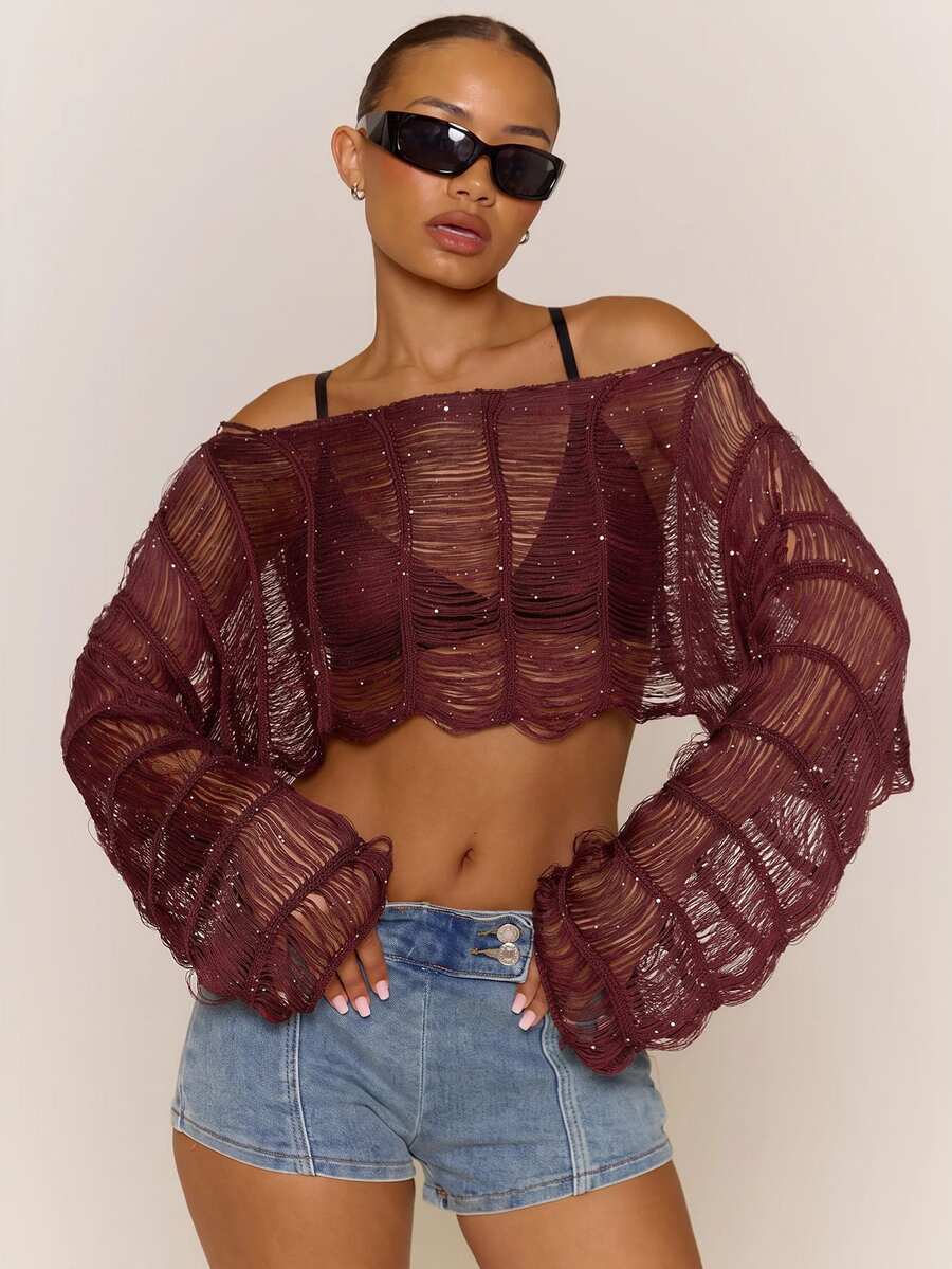 MUSERA Sheer Textured Knitted Long Sleeve Crop Top Beachwear Cute Festival Spring - Burgundy - View 1