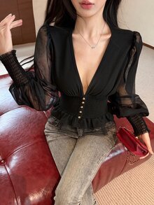 Joudiya Solid Plunging Neck Lantern Sleeve Shirred Waist Ruffle Hem Tee - Black - View 1