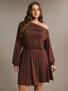 Freevana Plus Size Women Casual Commute Solid Color Asymmetric Neckline Waist Cinched A-Line Dress - Brown - View 3