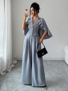 Elenzga Daily Commute Holiday Workplace Office Party Elegant Business Style Ruffle Cape Sleeve Lapel Cinched Waist Blazer Wide Leg Pants Set Solid Color Premium Gray Elegant Romantic - Grey - View 3