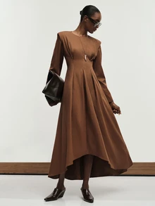Aveloria Modichic Women's Dress Wide Shoulder Fit And Flare Structured Twill Padded Sleeve Radial Pleat Asymmetrical Hem Brown Elegant Long Fall Thanksgiving Dinner - Brown - View 3