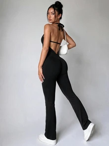 Slayform Slayform Jumpsuit Olahraga Wanita Bergaris Elastis Tinggi Warna Hitam Polos Model Halter Neck Tanpa Punggung untuk Yoga dan Pilates - Hitam - View 5