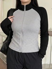 Dazy Plus Colorblock Patchwork Fitted Casual Short Jacket, Blogger Style, Spring/Autumn New Thin Outerwear - Grey - View 5