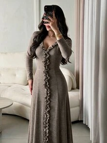 NOVVYNE Women's Knitted Coffee Color V-Neck Ruched Waist Long Sleeve Elegant Romantic Dress - Coffee - View 1