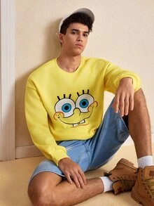 SpongeBob SquarePants | SHEIN Men's Cartoon Pattern Print Crew Neck Pullover Sweatshirt - Yellow - View 7
