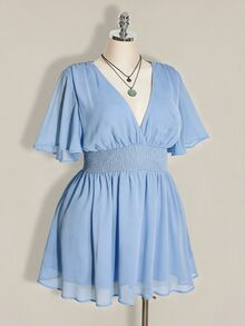SHEIN ICON 大尺碼荷葉袖V領收腰A字洋裝，適合海灘度假、波希米亞風、嬉皮風、Y2K，適用夏季、夏季假期、情人節、優雅約會洋裝 - 淺藍色 - 查看 6