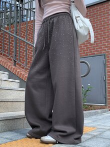 DAZY Solid Color Loose Rhinestone Thermal Lined Thick Elastic Waist Casual Street Style Korean Autumn/Winter Wide Leg Pants For Women - Grey - View 3
