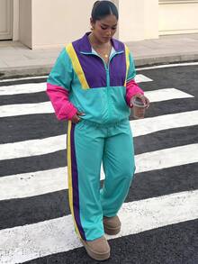 SHEIN CURVE+ Women's 22w Contrast Color Jacket And Jogger Pants 2pcs/Set - Multicolor - View 1