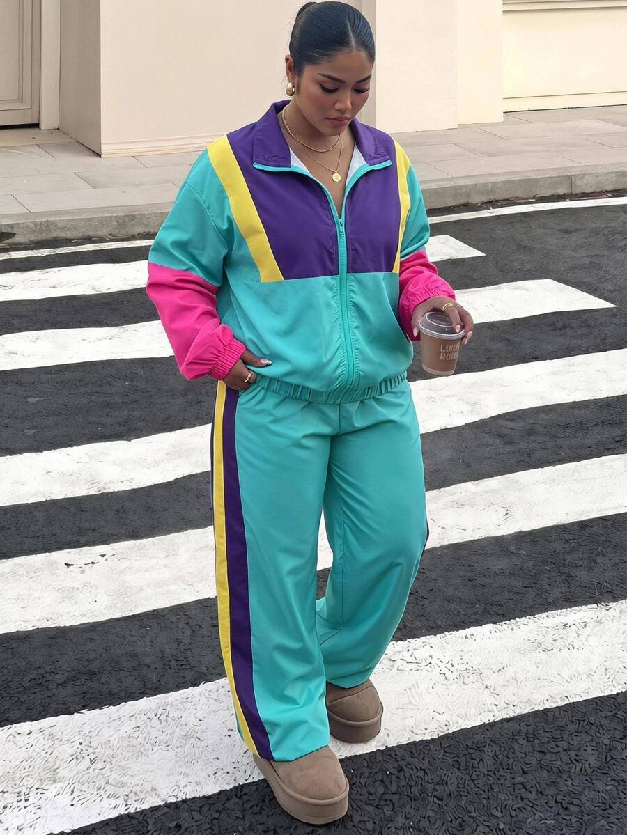 SHEIN CURVE+ Women's 22w Contrast Color Jacket And Jogger Pants 2pcs/Set - Multicolor - View 1