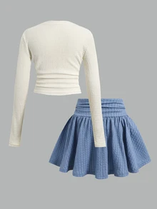 SHEIN Kids Tween Girl Spring Autumn Winter Cute Casual Knitted Textured Decor Long Sleeve Top & Mini Skirt Set, Short Sleeve Top & Pleated Mini Skirt - Blue - View 4