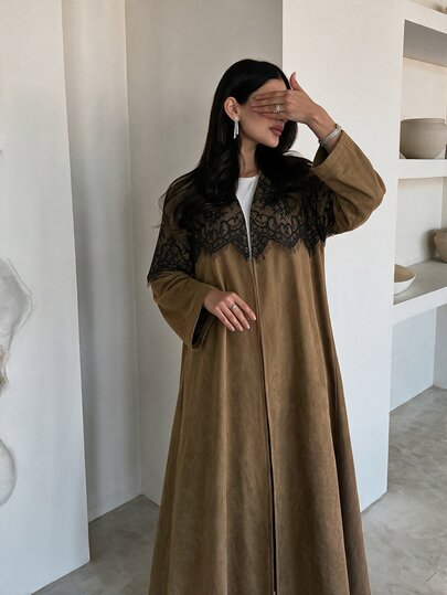 Yasmyna Women's Brown Open Front Patchwork Contrast Color Lace Long Sleeve Romantic Elegant Arabian Abaya