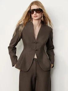 Aveloria Modichic Elegant Autumn/Winter Fashion Solid Color Diagonal Stripe Button Decor V-Neck Blazer With Pants Women Suit Set Office Dinner Dark Brown - Coffee Brown - View 5