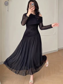 Modelyn Women's Asymmetric Shoulder Long Sleeve Ruched Waist Design Embroidered Mesh High Elastic Pleated Elegant Party Plus Size Dress - Black - View 5