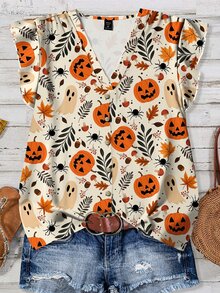 Mellowie Plus Size Halloween Pumpkin & Ghost Print Casual V-Neck Ruffle Blouse, Suitable For Summer And Parties - Multicolor - View 1