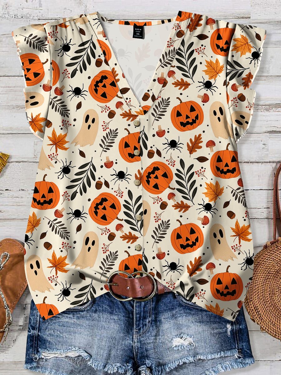Mellowie Plus Size Halloween Pumpkin & Ghost Print Casual V-Neck Ruffle Blouse, Suitable For Summer And Parties - Multicolor - View 1