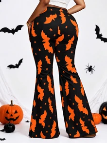 Whyspr Plus Size Women Halloween Element All Over Print Slim Fit Pants - Black - View 2