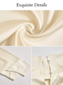 SOLERSUN Plus Size Satin High Neck Long Sleeve Blouse Asymmetrical Lace Office Brunch Date Daily Streetwear - Apricot - View 8