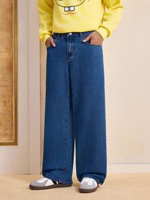 SpongeBob SquarePants | SHEIN Men's Fashion Cartoon Button Pocket Loose Fit Denim Jeans - Medium Wash - View 5