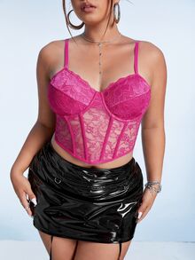 SHEIN ICON 黑色束腰大碼蕾絲細肩帶背心上衣 - 玫紅色 - 查看 4