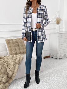 SHEIN Clasi Waist-Cinching Printed Colorblock Button Long Sleeve Blazer Jacket - Blue and White - View 3