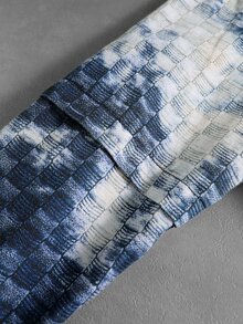 ROMWE MEN Digital Print Brand 3D Plaid American Vintage Bubble Check Tie-Dye 2 In 1 Shacket Unisex Double Layer Patchwork Gradient Old Blue & White Loose Lapel Workwear Jacket - Multicolor - View 7