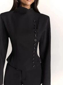 SHEIN BAE Women's Solid Single Breasted Stand Collar Blazer - Black - View 6