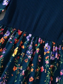 Tween Girls Dress, Navy Blue, Slim Fit, Casual Wear, Fashionable Versatile, Elegant, Floral, Ruffle, Party, Print, Autumn, Sweet - Multicolor - View 9