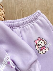 SHEIN Baby Girl Knitted Cute Cartoon Animal Pattern Crew Neck Casual Sweatshirt & Long Pants 2pcs Set Autumn/Winter - Purple - View 4
