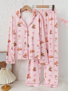 Tween Girls Single-Breasted Pattern Print Loungewear - Pink - View 1