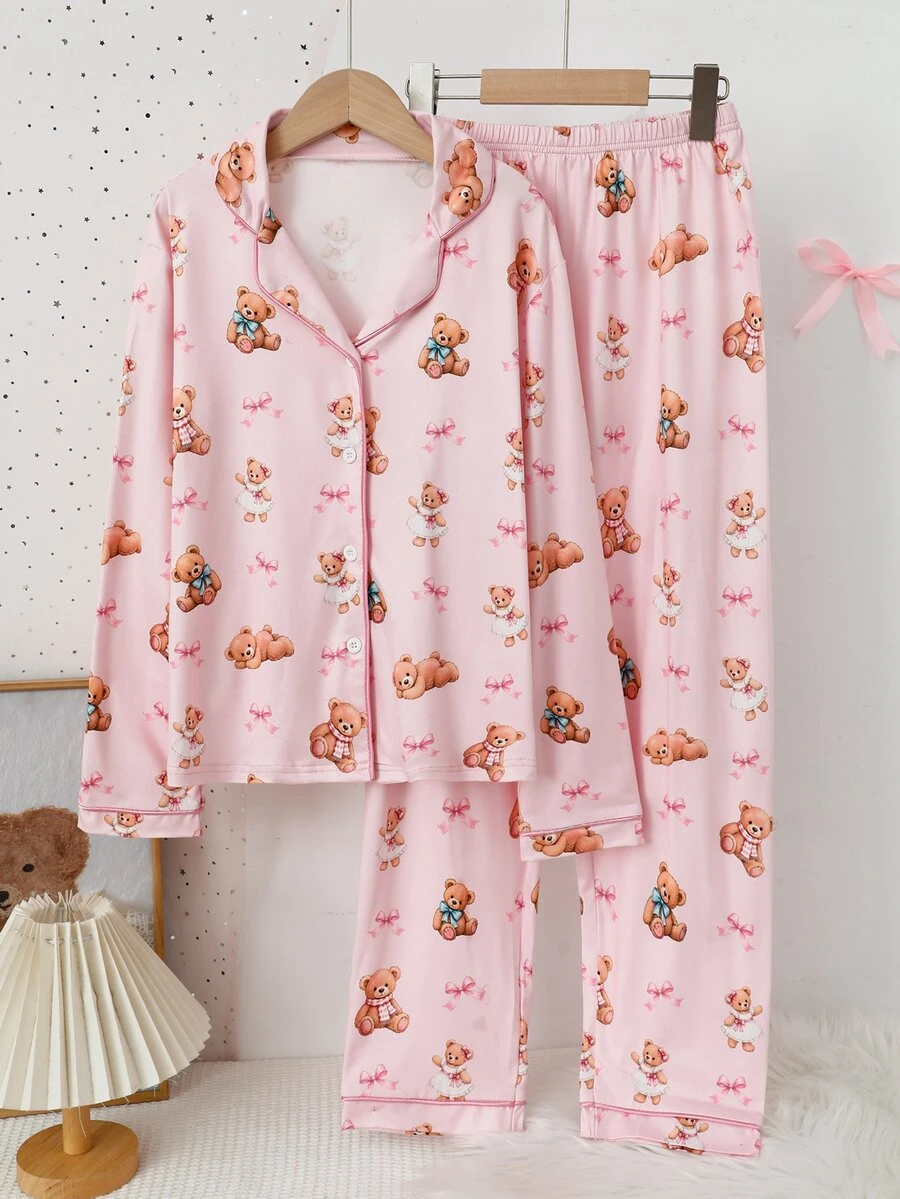 Tween Girls Single-Breasted Pattern Print Loungewear - Pink - View 1