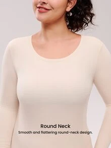LUVLETTE Plus Women's Thermal Underwear Ultra-Soft Base Layer Cold Weather Warm Winter PJ Set Round Neck Top And Long Bottoms - Beige Lightweight And Warm Set  - Apricot - View 4