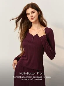 LUVLETTE Cloud Soft Set Pakaian Santai Wanita Musim Gugur Kerah V Kancing Cokelat-Merah Atasan Pullover Lengan Panjang dan Celana Panjang, Bahan Tekstur Rib, Set Lounge Grafis untuk Wanita - Burgundy - View 7