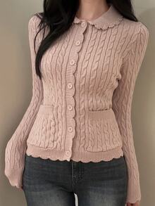 DAZY Solid Color Slim Fit Long Sleeve Turn Collar Cable Knit Casual Vacation Korean Style Versatile Autumn Winter Cardigan For Women - Pink - View 3