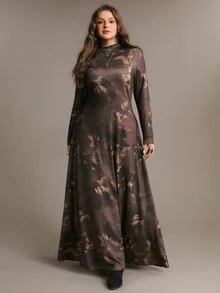 Freevana 大尺碼女款花卉印花半高領收腰顯瘦修身長袖洋裝 - 棕色 - 查看 3
